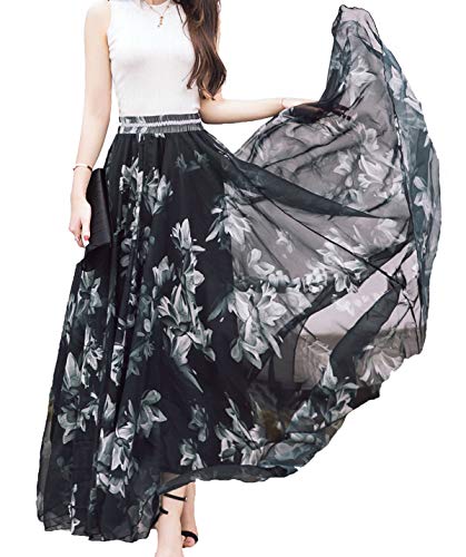 Sinono Damen Floral Maxi Chiffon Lange Röcke voller Länge Strandrock, schwarz, Groß von Sinono