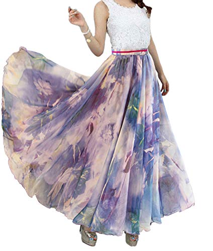 Sinono Langer Chiffon-Boho-Strandrock für Damen mit Blumendruck. - Violett - Mittel von Sinono