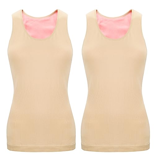 2 Stück Damen Innenfleece Tank Tops Ärmellos Thermounterwäsche Thermo Unterhemd Baumwolle Thermo Shirts (Beige, L) von Sintege