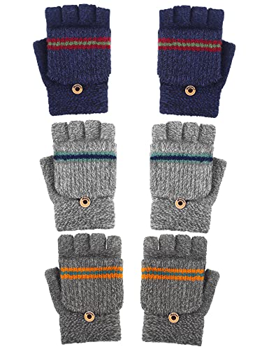 3 Paar Strickhandschuhe Umwandelbar Fingerlos Handschuhe mit Klappe für Kinder 6-13 Jahre (Hellgrau, Dunkelgrau, Marineblau) von Sintege