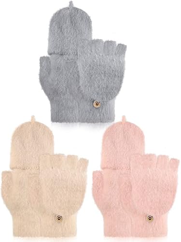 3 Paar Wandelbar Fingerlos Handschuhe Strick Handschuhe mit Klappe Warm Wolle Fäustling für Damen (Beige, Rosa, Grau) von Sintege