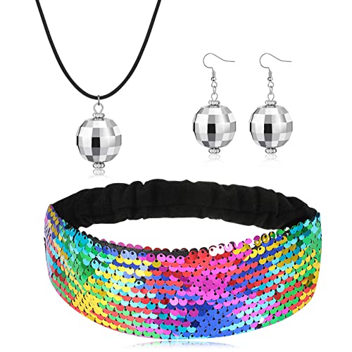 3 Stück 1970er Disco Kostüm Zubehör Set mit Pailletten Stirnband Bling Discokugel Ohrringe Halskette für Mädchen Kugel Kette Halskette Spiegelkugel Ohrringe für Mädchen Sport von Sintege