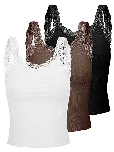 Sintege 3 Stück Damen Spitze Patchwork Tank Top Spitze Camisole Tank Ärmellos Cami Crop Lacework Trim Y2k Tops, Schwarz, Weiß, Kaffee, Mittel von Sintege