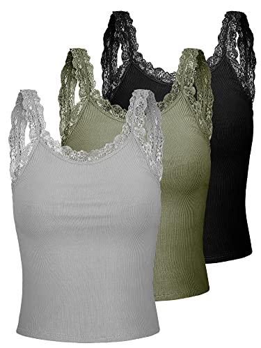 3 Stück Spitzen Trägerhemden Y2K Camisole Tank Tops Damen Ärmellose Spitzen Unterhemden (Grau, Armeegrün, Schwarz, M) von Sintege