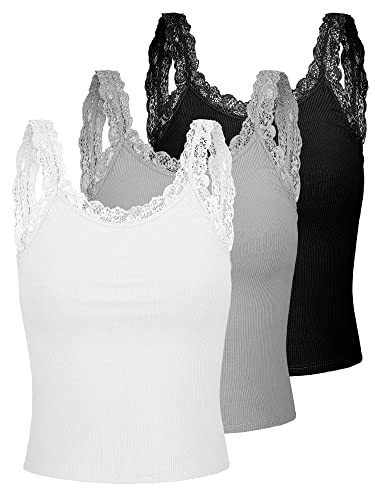 3 Stück Spitzen Trägerhemden Y2K Camisole Tank Tops Damen Ärmellose Spitzen Unterhemden (Schwarz, Weiß, Grau, S) von Sintege