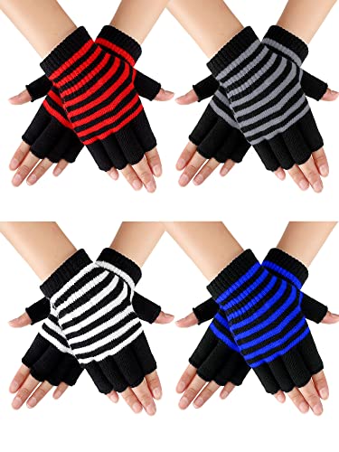 4 Paar Winter Fingerlos Handschuhe Halbfinger Handschuhe Streifen Stretch Strickhandschuhe für Damen Herren (Streifen Stil) von Sintege
