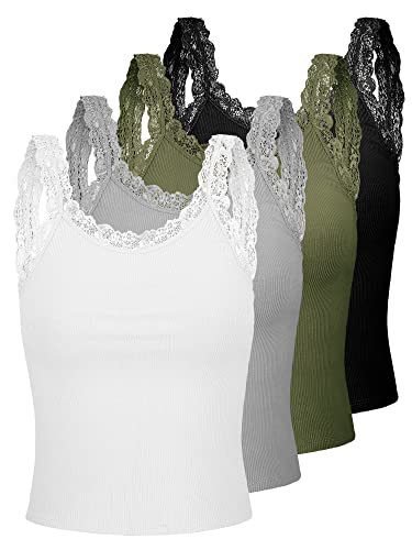 4 Stück Camisole für Frauen Spitze Tank Tops Cami Soft Comfy Tank Tops Cami Unterhemd Spitze Träger Cami Tank Top für Mädchen Frauen, Weiß, Grau, Grün, Schwarz, Mittel von Sintege