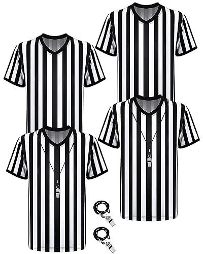 4er Pack Schwarz Weiß Gestreifte Schiedsrichter Shirts mit Pfeifen Herren Offizielle Schiedsrichter Shirts mit V-Ausschnitt Basketball Fußball Schiedsrichter Trikot Kostüm (M) von Sintege