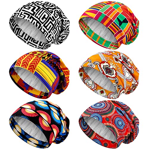 6 Stück Satin gefütterte Schlafmütze für Frauen afrikanische Seide Bonnet Beanie für schlafendes Haar natürliche lockige Mütze (helle Muster) von Sintege