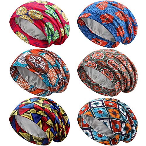 Schlafmütze für Damen, Satin-gefüttert, afrikanische Seide, für schlafende Haare, natürliche lockige Mütze, 6 Stück, Lebendige Muster von Sintege