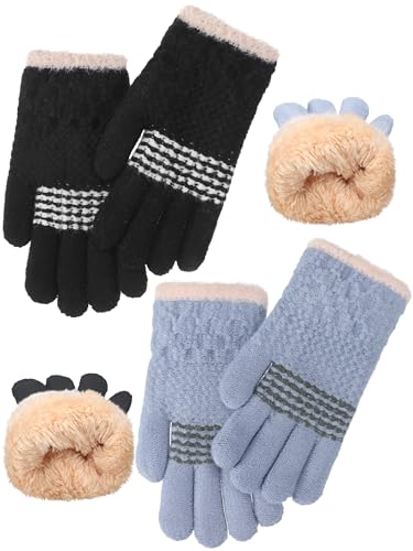 Sintege 2 Paar Kinder Handschuhe Vollfinger Strick Handschuhe Fleece Handschuhe für Jungen Mädchen 5-12 Jahre (Grau, Schwarz) von Sintege
