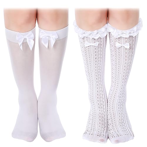 Sintege 2 Paar Trachtensocken Damen Dirndl Strümpfe mit Schleifen und Spitzenbesatz Weiß Trachten Kniestrumpf Overknees(Knielang,Fliege) von Sintege