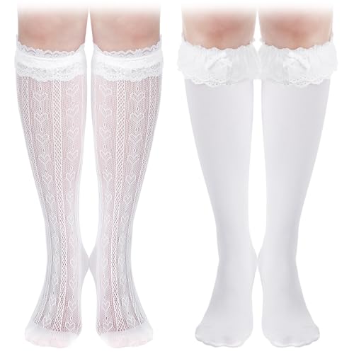 Sintege 2 Paar Trachtensocken Damen Dirndl Strümpfe mit Schleifen und Spitzenbesatz Weiß Trachten Kniestrumpf Overknees(Knielang,Spitze) von Sintege