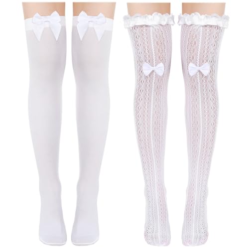 Sintege 2 Paar TracSintege 2 Paar Trachtensocken Damen Dirndl Strümpfe 35-42 Weiß Trachten Kniestrümpfe mit Spitzen Schleifen Rüschen Asseccoires Outfit(Oberhalb des Knies,Fliege) von Sintege