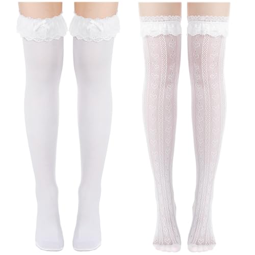Sintege 2 Paar Trachtensocken Damen Dirndl Strümpfe 35-42 Weiß Trachten Kniestrümpfe mit Spitzen Schleifen Rüschen(Oberhalb des Knies,Spitze) von Sintege