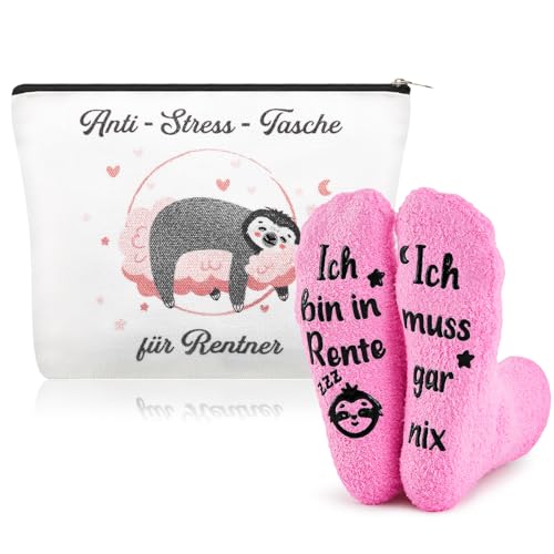 Sintege 2 Stück Ruhestand Renteneintritt Geschenk Set 1 Kosmetiktasche und 1 Paar Lustige Ich Bin in Rente Socken Abschiedsgeschenk für Rentner Rentenbeginn Kollegin Frau Damen Geburtstag von Sintege