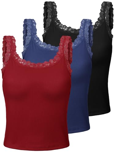 Sintege 3 Stück Damen Spitze Patchwork Tank Top Spitze Camisole Tank Tops Ärmellos Cami Crop Spitzenbesatz Y2k Tops, Schwarz, Marineblau, Weinrot, Klein von Sintege