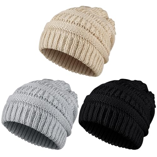 Sintege 3 Stück Damen Strick Wintermützen Winter Klobige Zopfstrickmütze Winter Warme Strickmützen Vlies Gefütterte Strickmütze für Damen Herren, 3 Farben von Sintege