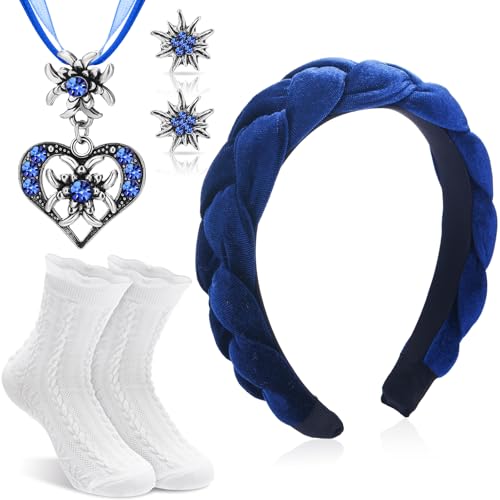 Sintege 4 Stück Bierfest Outfit Accessoires Trachtenschmuck Set Damen Trachtenkette Edelweiß Ohrstecker Dirndl Haarreifen Rüschen Trachtensocken für Bierfest Bayerisch Dirndlschmuck(Blau) von Sintege