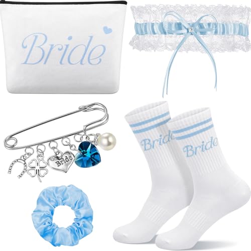 Sintege 5 Blaue Braut Geschenke Socken Brautnadel Strumpfband Kosmetiktasche und Haargummis JGA Party Zubehör für Hochzeit von Sintege