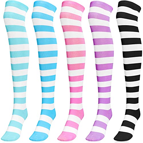 Sintege 5 Paar Overknee-Socken, gestreift, Oberschenkelhoch, lang, gestreift, Cosplay-Zubehör, Frische Farben, Einheitsgröße von Sintege