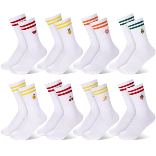 Sintege 8 Paar 39-42 Socken Herren Damen Unisex Tennissocken Weiß Sportsocken mit Fruchtmuster Retro Wandersocken Trainingssocken Laufsocken Sneaker Crew Socken für Sport + Alltag von Sintege
