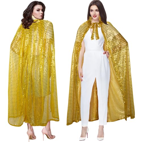 Sintege Disco Kostüm Halloween Glitzer Umhang Lang für Damen Fasching Mäntel Karneval Umhang Pailletten für Erwachsene 140 x 150 cm Cosplay Kostüm Glitzer für Halloween Karneval Partys (Gold) von Sintege