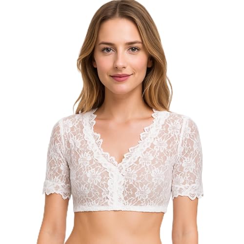 Sintege Dirndl Bluse Damen Dirndlbluse Spitze Trachtenbluse Kurzarm Weiß Spitzenbluse Oktoberfeest V Ausschnitt für Bayern Hochzeit Wiesn Volksfest, S von Sintege