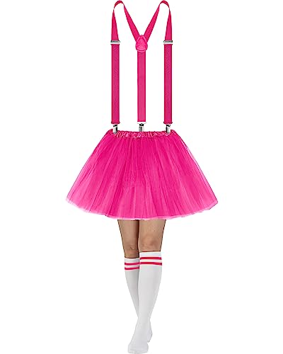 Sintege Halloween Kostüm Set für Damen Hosenträger in Y Form Tutu Tüllrock Streifen Strümpfe Karneval Accessoires (Rosarot) von Sintege