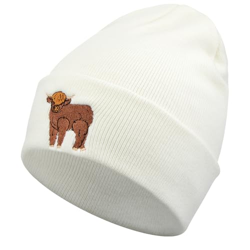 Sintege Hochlandkuh Stricken Mütze Beanie Mütze Schottische Kuh Stickerei Wintermütze Winter Warme Strickmütze Unisex von Sintege