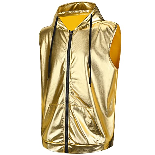 Sintege Metallisch Ärmellos Kapuzenweste für Herren 70er Disko Tank"top mit Kapuze Glänzend Weste mit Reißverschluss (Gold, XL) von Sintege