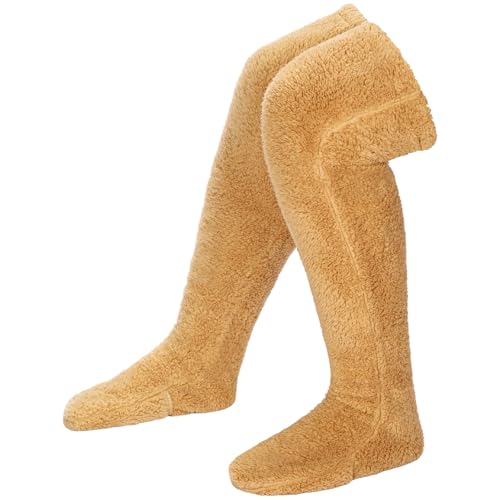 Sintege Plüsch Overknees Socken Flauschig Wintersocken Kniestrümpfe Warme Kniestrümpfe Hause Männer Damen(Lang,Braun,1 Stk) von Sintege