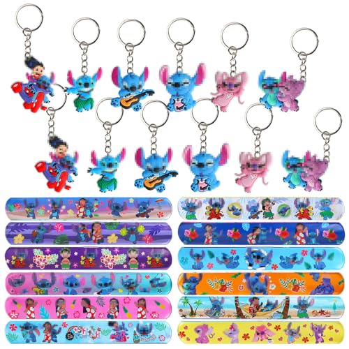 Sinwind 24Pcs Lilo & Stitch Party Mitgebsel, 12 Pcs Lilo & Stitch Slap Armbänder, 12 Stück Schlüsselanhänger, Kindergeburtstag Gastgeschenke, Schlüsselbund für Kinder Party Geschenk Geburtstagsfeiern von Sinwind