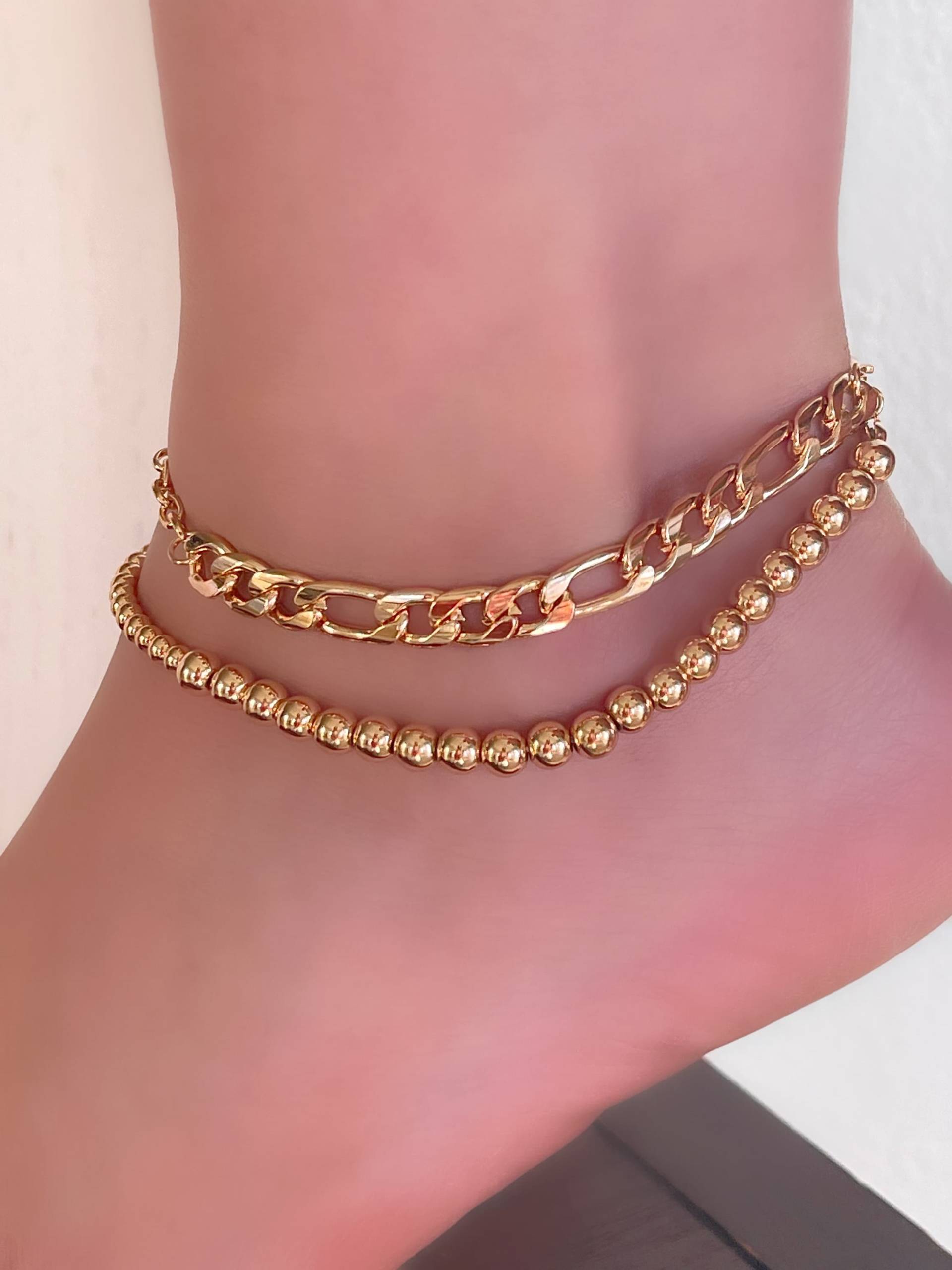 Gold Doppel Kette Fußkettchen Armband Layered Dicke Set Boho Für Frauen Perlen Multi Chain von SioroJewelry