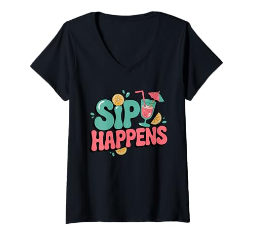 Damen Sip Happens Fun and Playful Design for Cocktail Lovers T-Shirt mit V-Ausschnitt von Sip Happens Apparel