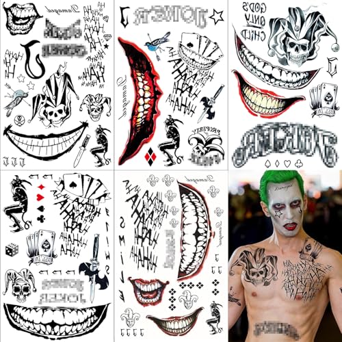Tattoos Clown, 5 Blatt 3D Temporäre Tattoos, Mund Tattoo Halloween Karneval, Fake Gesichtstattoo Gruselig, Streich Make-up Temporäres Tattoo Aufkleben Erwachsene Kinder von Siphus