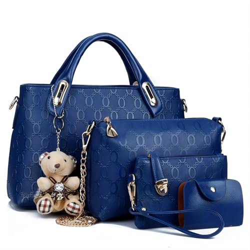 Sipobuy Frauen 4Pcs Top Griff Satchel Hobo PU Leder Handtasche Set Large Tote + Geldbörse + Umhängetasche + Kartenhalter Braun, Blau von Sipobuy