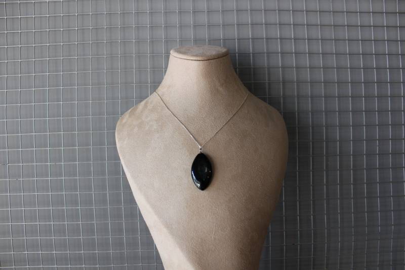 All Black Jet Stone Sterling Silber Anhänger Mit Kette, Big Stein Halskette, Frauen Pechschwarz Anhänger, Geschenk von SirJewellry