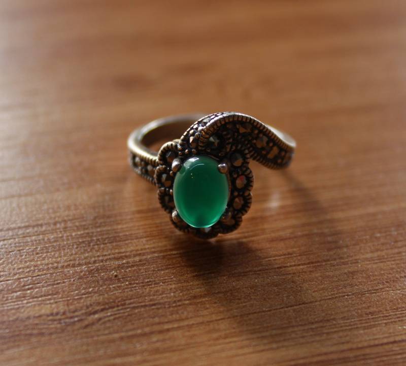 Grüner Achat Stein Ring, Vintage Frauen Markasit 925K Sterling Silber Geschenk Verlobungsring, Gothic Style Ring Grüner Achat Stein Ring, Vintage Frauen Markasit 925K Sterling Silber Geschenk Verlobungsring, Gothic Style Ring von SirJewellry