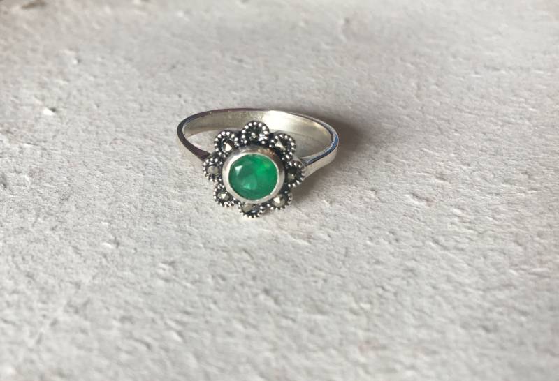 Grüner Achat Vintage Ring, Markasit Silber Blume 925K Sterling Verlobungsgeschenk Stein Frauen Ring, 925K Schmuck von SirJewellry