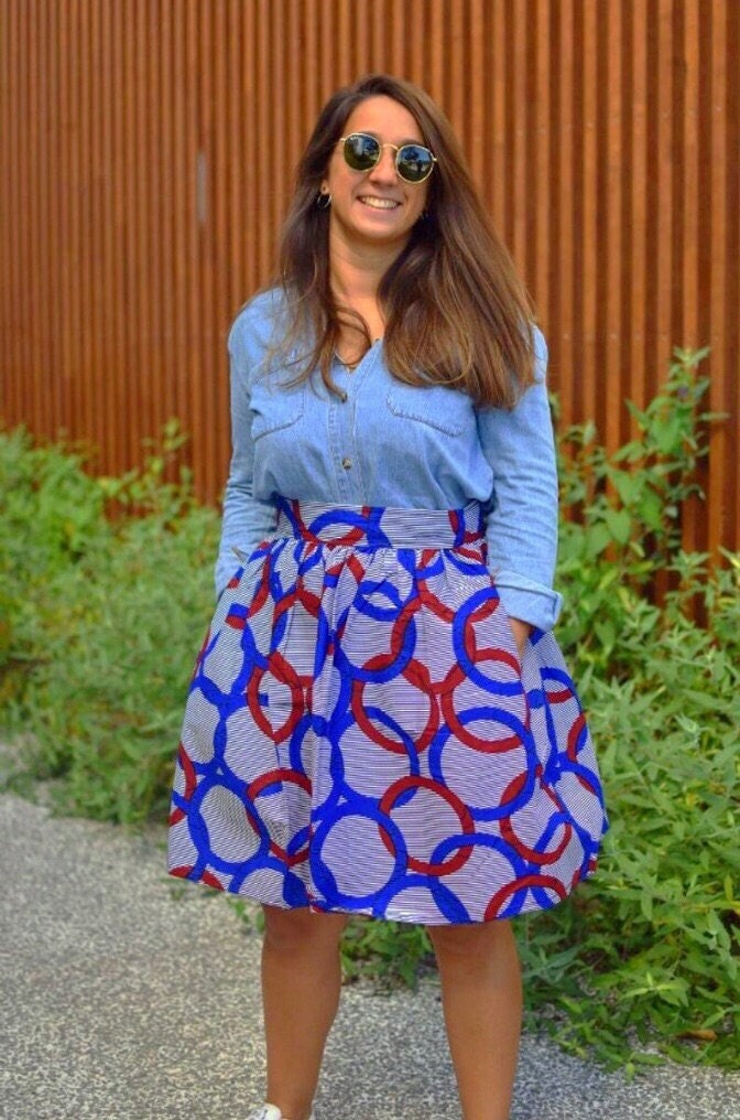 Blauer Olympe-Wax-Print-Faltenrock/Wax-Faltenrock, Midirock, Wax-Rock, Rock Mit Taschen, Bunter Rock, Damenbekleidungsrock von SirawaxBoutique