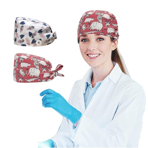 Siribelle 2 Stück Op Hauben Damen Herren Langhaar Op Haube Verstellbar 100% Baumwolle Arbeitskappe für Krankenschwester Zahnärztin mit Knopf Weiß und Rot von Siribelle