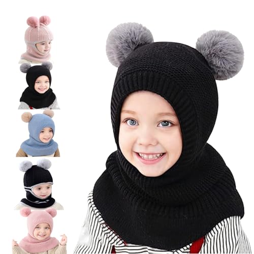 Siribelle Kinder Wintermütze Schals Ohrenklappe 3 in 1 Winter Strickmützen Mützen Jungen Mädchen Kleinkinder Beanie Warme Fleece-Mütze für Alter 1~5 Schwarz1 von Siribelle