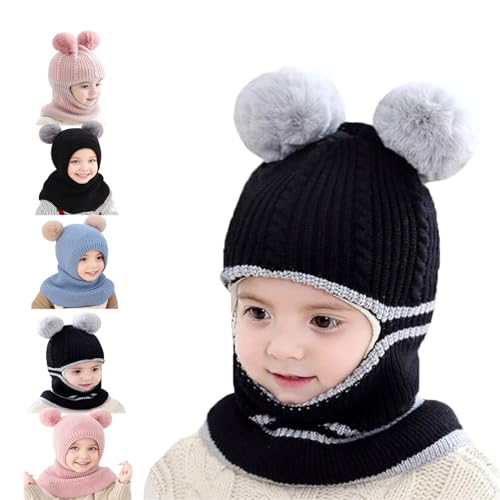 Siribelle Kinder Wintermütze Schals Ohrenklappe 3 in 1 Winter Strickmützen Mützen Jungen Mädchen Kleinkinder Beanie Warme Fleece-Mütze für Alter 1~5 Schwarz2 von Siribelle