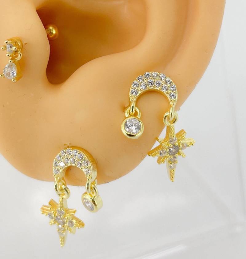 Ohrstecker 925 Silber Vergoldet Mond Stern Ohr Stecker Gold Zirkon Sun Nordstern #158 von Siristat