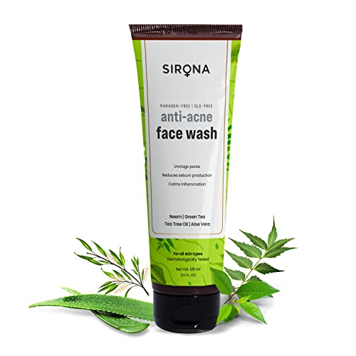 Sirona Anti Acne Face Wash for Men & Women – 125 ml with Neem, Green Tea, Tea Tree Oil & Aloe Vera | for Unclogs pores, Reduces sebum production & Calms inflammation von Sirona
