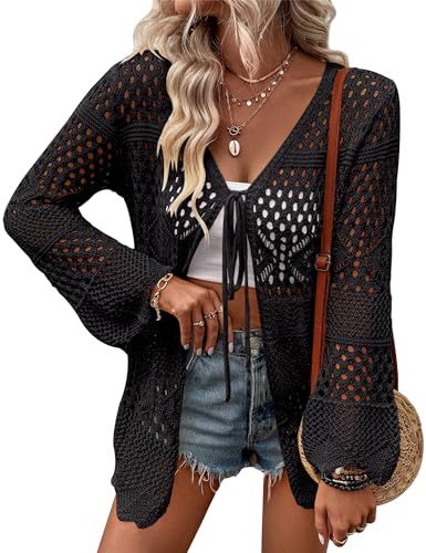 Damen-Strickjacke, gehäkelt, leicht, Schnürung vorne, ausgehöhlt, lange Ärmel, Sommerstrickjacke, Schwarz, XX-Large Damen-Strickjacke, gehäkelt, leicht, Schnürung vorne, ausgehöhlt, lange Ärmel, Sommerstrickjacke, Schwarz, XX-Large von Sirrilcy
