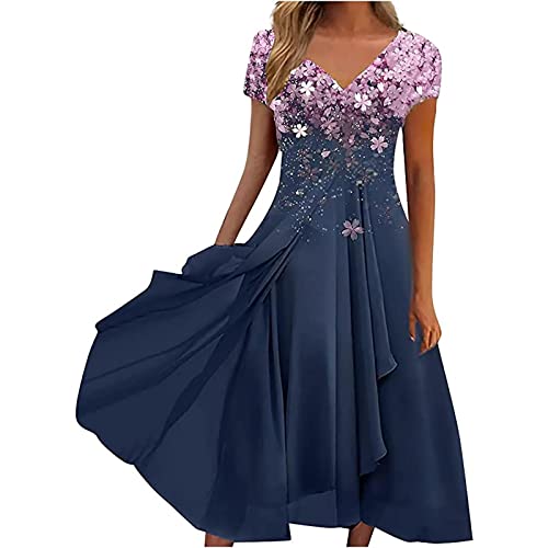 Chiffon Cocktailkleid Damen Kleider Spitzenkleid Blumen Sommer Kleid V-Ausschnitt Kurzarm Rüschen Festlich Ballkleid Flowy A Linie Plus Size Hochzeit Midi Abendkleider von Sisifa