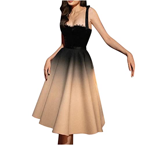 Cocktailkleid Damen Sommer Sexy Sommerkleid Spaghettiträger Farbverlauf Lang Kleid Spitze Square Neck Vintage Swing Party Kleid Ärmellos Abendkleid Ballkleid von Sisifa