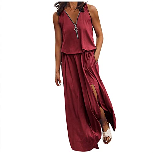 Damen Ärmellos Split Maxi Kleider Sommer Strandkleid Casual Lose Sundress Reißverschluss V-Ausschnitt Langes Kleid Partykleid Abendkleid mit Taschen von Sisifa